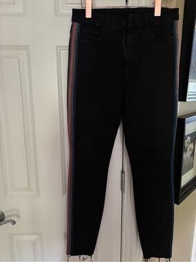 MOTHER Black Ankle Skinny Jeans with Pink & Blue Glitter Side Stripes
